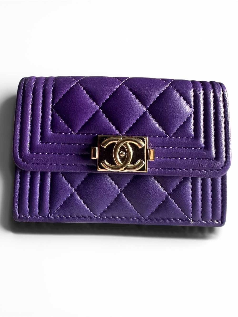 CHANEL Boy Purple Lambskin Quilted Flap Wallet Card Holder Full Set